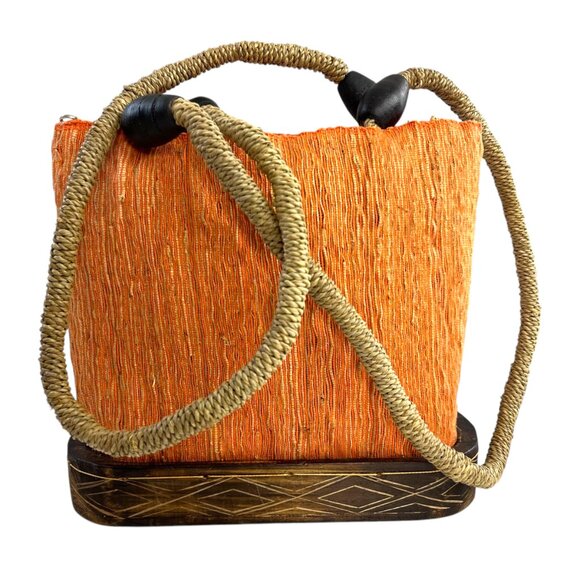 Unbranded Handbags - Orange Brown Natural Woven Wood Purse Tote Shoulder Bag Zip Closure